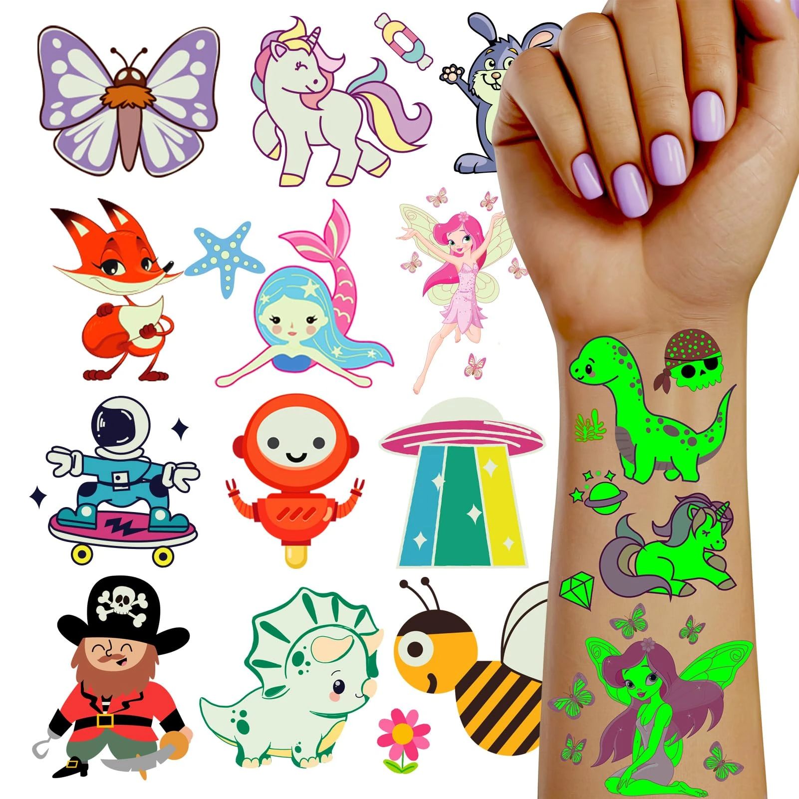 TatoYard 140 Styles Tattoos for Kids Party Bag Fillers, Luminous Temporary Tattoo Stickers for Boys Girls Birthday Decorations, Party Favours Supplies Games Prizes Toys