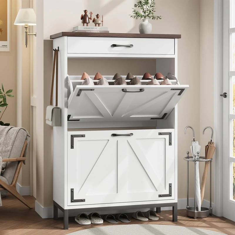 Jocoevol Shoe Cabinet with 2 Flip Drawers & 1 Top Drawer, Slim Shoe Cupboard with Metal Legs, Freestanding Modern Shoe Storage Unit for Hallway, Entryway or Living Room (White)