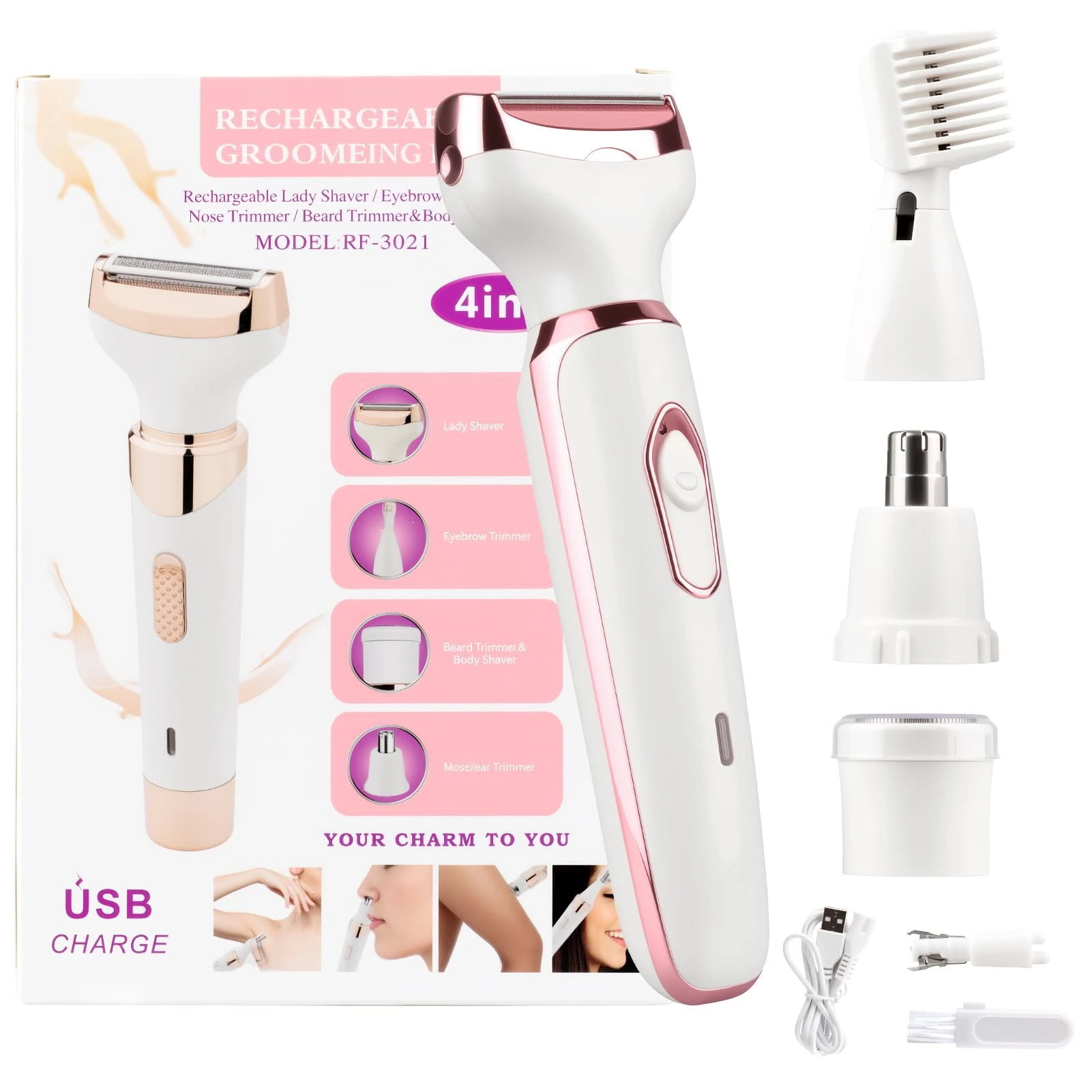Electric Lady Shavers for Women Bikini Trimmer Woman 4-in-1 Rechargeable Waterproof Razor Wet and Dry Advanced Painless Nose Pubic Facial Hair Trimmer for Arms Armpit Lips Face Body Legs Underarm