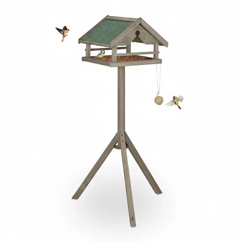 Relaxdays bird feeder with stand, weatherproof asphalt roof, garden, balcony & terrace, fir wood, brown