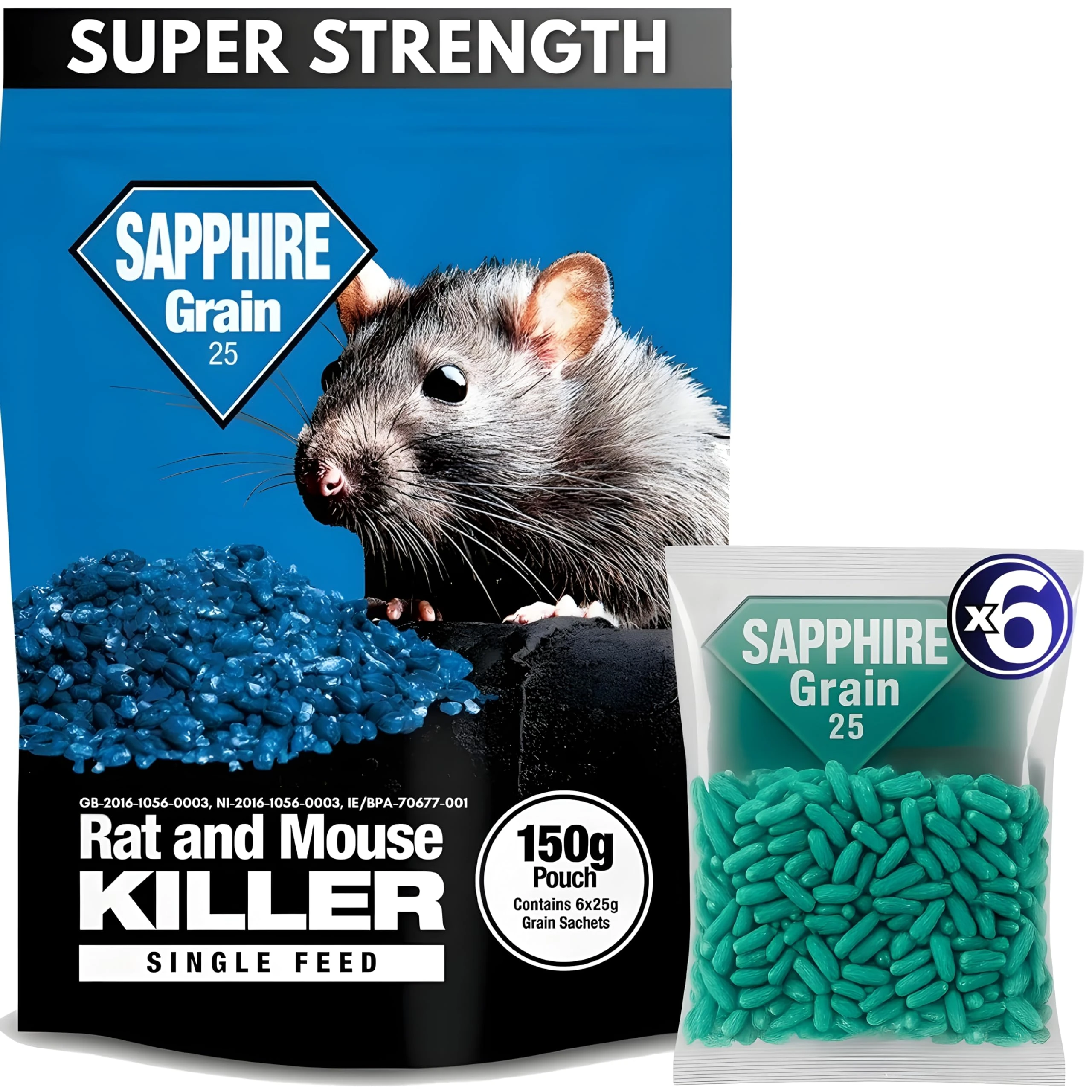 Rat Poison Super Strength (6 x 25g) Bait & Mouse Killer Grain – Extra Strong Maximum Power Rodent Control – Quick Acting, All-Weather, Single Feed Bait Packs.