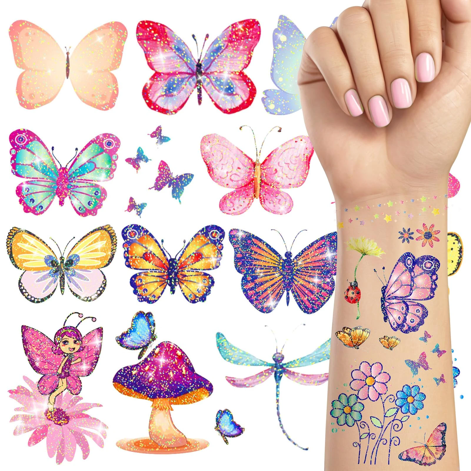TatoYard Butterfly Glitter Tattoos for Girls, 130 Styles Temporary Tattoos for Kids Party Bag Fillers Favours, Butterfly Stickers for Birthday Decorations Fancy Dressing Up Accessories