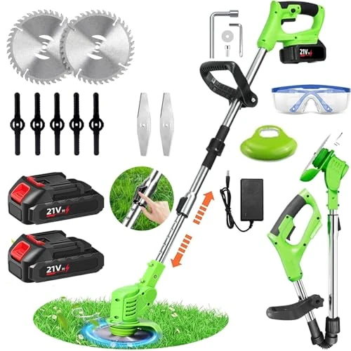Cordless Garden Strimmers,Electric Cordless 21v Grass Strimmer with 2 X 2000mAh Battery, Adjustable Metal Blades,Garden Trimmer Telescopic Lightweight with Roller for Gardens,Park Lawns (1, Green)