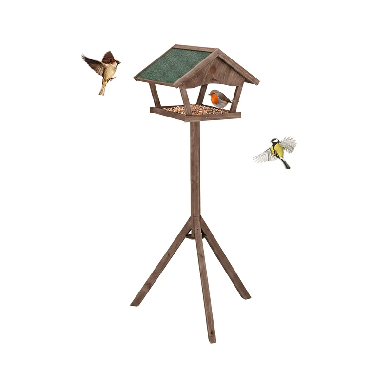 Relaxdays Bird Feeder with Stand, 137 cm high, weatherproof roof, garden & terrace, wooden feeder, brown