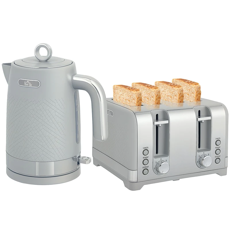 HOMCOM Kettle and Toaster Set, 1.7L 3000W Rapid Boil Jug Kettle with Otter Thermostat, Limescale Filter, 4 Slice Toaster with 7 Browning Controls, Crumb Tray, Grey