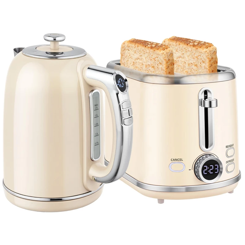 HOMCOM Digital Kettle and Toaster Set with LED Screen, 1.7L 3000W Kettle with 3Hr Keep Warm Memory Function & 12 Temperatures Control, 2 Slice Toaster with 6 Browning Controls, Crumb Tray, Cream