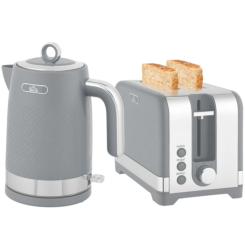 HOMCOM Kettle and Toaster Set, 1.7L 3000W Rapid Boil Jug Kettle with Otter Thermostat, Limescale Filter, 2 Slice Toaster with 7 Browning Controls, Crumb Tray, Grey