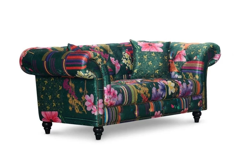 Green Patchwork Fabric 2 Seater Chesterfield Sofa Loveseat, Classic Couch Scroll Arms Buttoned Back, Bold Accent Patterned Floral Settee, 3 and 2 Seater Sofa Sets Available, Living Room Furniture
