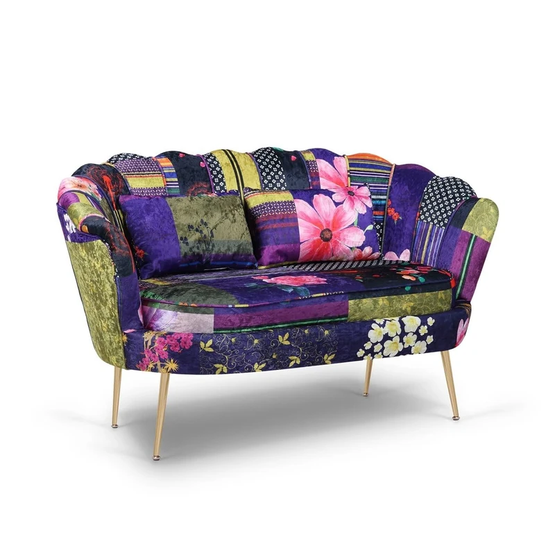 Stunning Chairs Colourful Patchwork Mini Sofa Shell Chair for Living Room - Small 2 Seater Sofa Patchwork, Multicoloured Occasional Scallop Chair for Two, Patterned Love Seat - DAISY