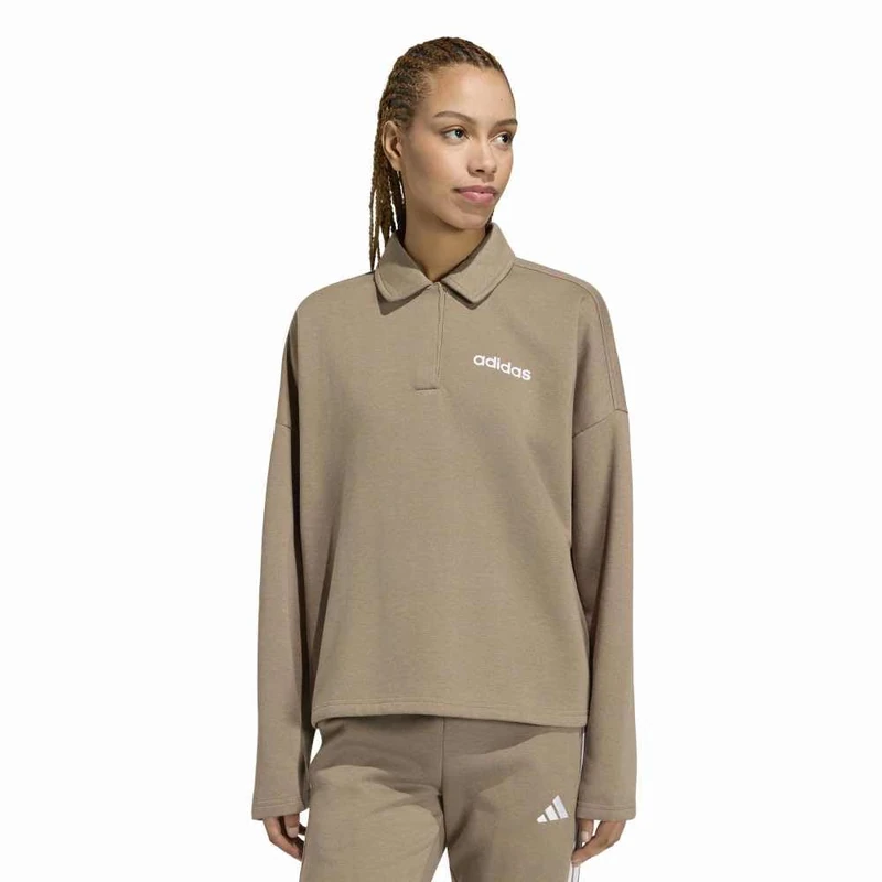 adidas Women's Essentials Linear Fleece Polo Sweatshirt, Khaki Six/white, XL - Image 1