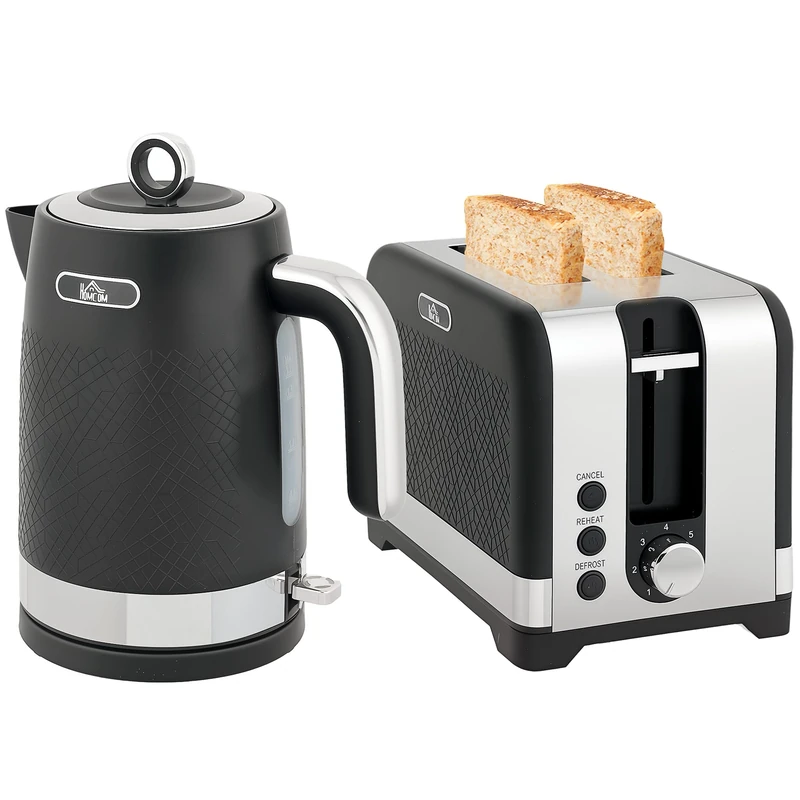 HOMCOM Kettle and Toaster Set, 1.7L 3000W Rapid Boil Jug Kettle with Otter Thermostat, Limescale Filter, 2 Slice Toaster with 7 Browning Controls, Crumb Tray, Black