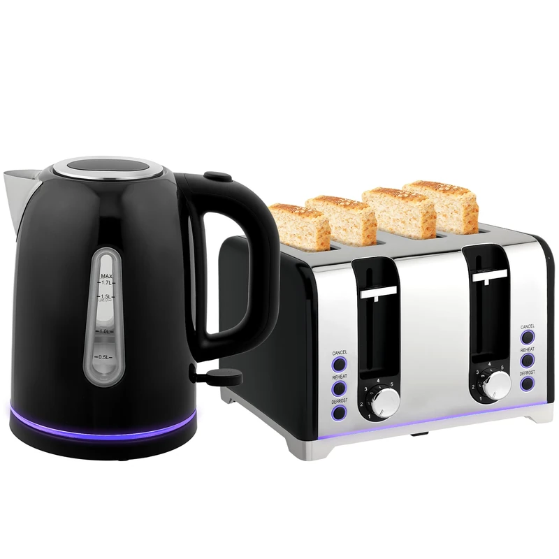 HOMCOM Kettle and Toaster Set, 1.7L 3000W Rapid Boil Jug Kettle with Otter Thermostat, Limescale Filter, 4 Slice Toaster with 7 Browning Controls, Crumb Tray, LED Strip, Black