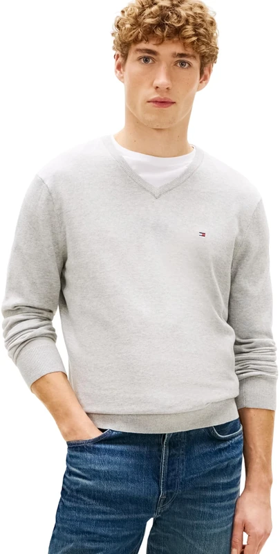 Tommy Hilfiger Men's Essential Cotton V Neck MW0MW42249P01002 Pullover Sweater, Grey, S