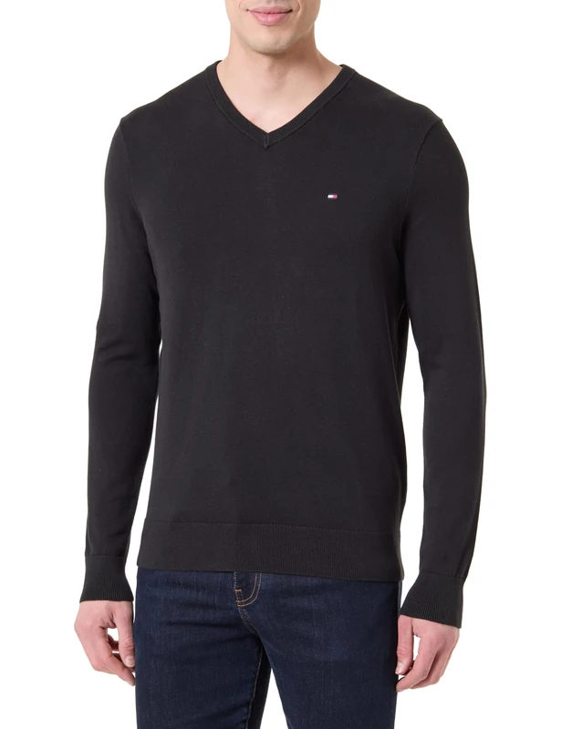 Tommy Hilfiger Men's Essential Cotton V Neck MW0MW42249BDS003 Pullover Sweater, Black, M