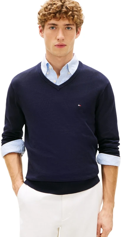 Tommy Hilfiger Men's Essential Cotton V Neck MW0MW42249DW5004 Pullover Sweater, Blue, L