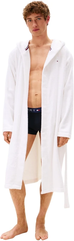 Tommy Hilfiger Men's HOODED TOWELLING ROBE UM0UM03660YCF004 Bathrobe, WHITE, L