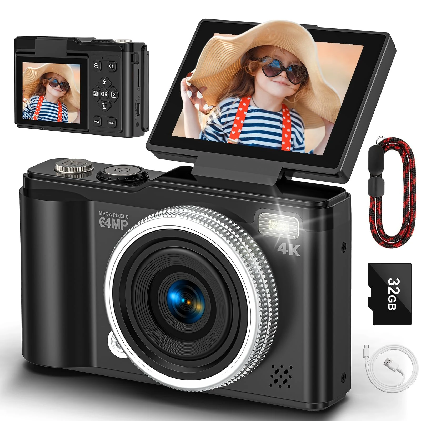 Digital camera, 4K 64MP Compact Digital Camera with Autofocus and Macro Function, 180° flip-up screen portable selfie cameras for photography and video with 32GB Micro SD Card for Beginners Teens