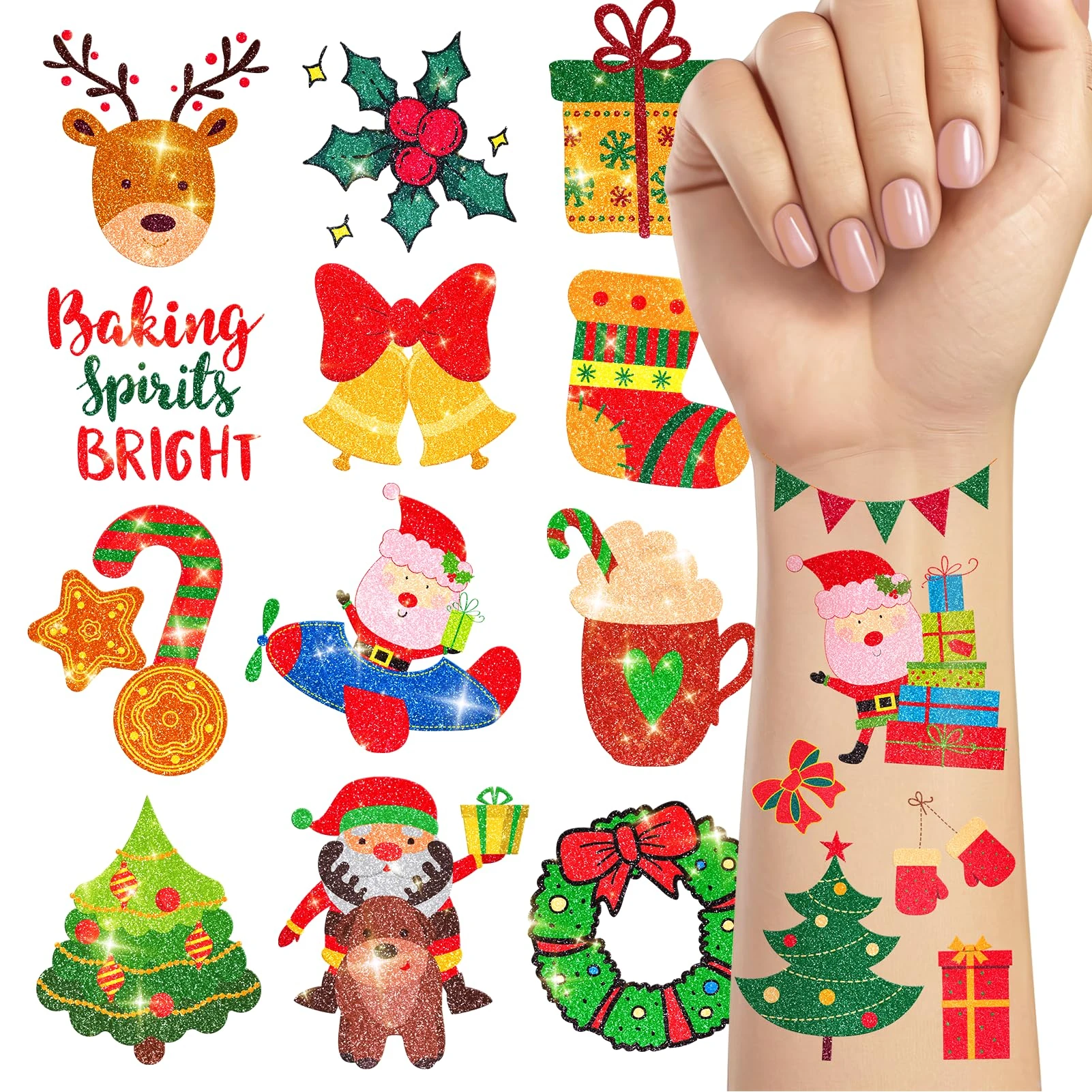 TatoYard Christmas Glitter Tattoos for Kids, 204 Individual Patterns Temporary Tattoos for Christmas Stocking Fillers, Xmas Stickers Decorations Games Toys Party Favours
