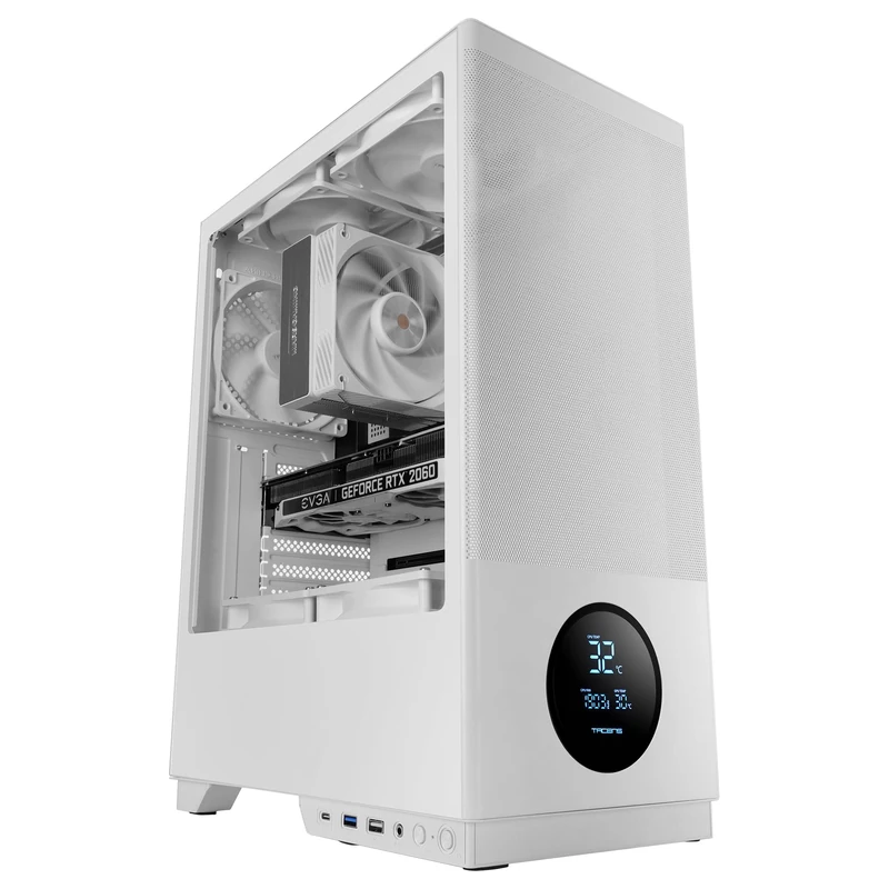 Tacens SAGITTA20, ATX PC Case, LED Display with Real-Time Temperatures, 3x 120mm Fans, Tempered Glass Side Panel, Metal Dustproof Front Mesh, CableHatch, USB-C, White