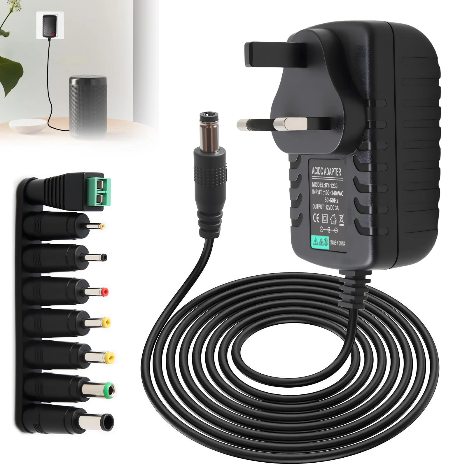 12V 3A Universal Power Supply Cable Adapter UK 36W AC DC Supply Cable with 8 Replacement Tip 100-240V 50-60Hz 5.5x2.5mm Converter Wall Charger for CCTV Security Led Strip Lights TV Box Router Speaker