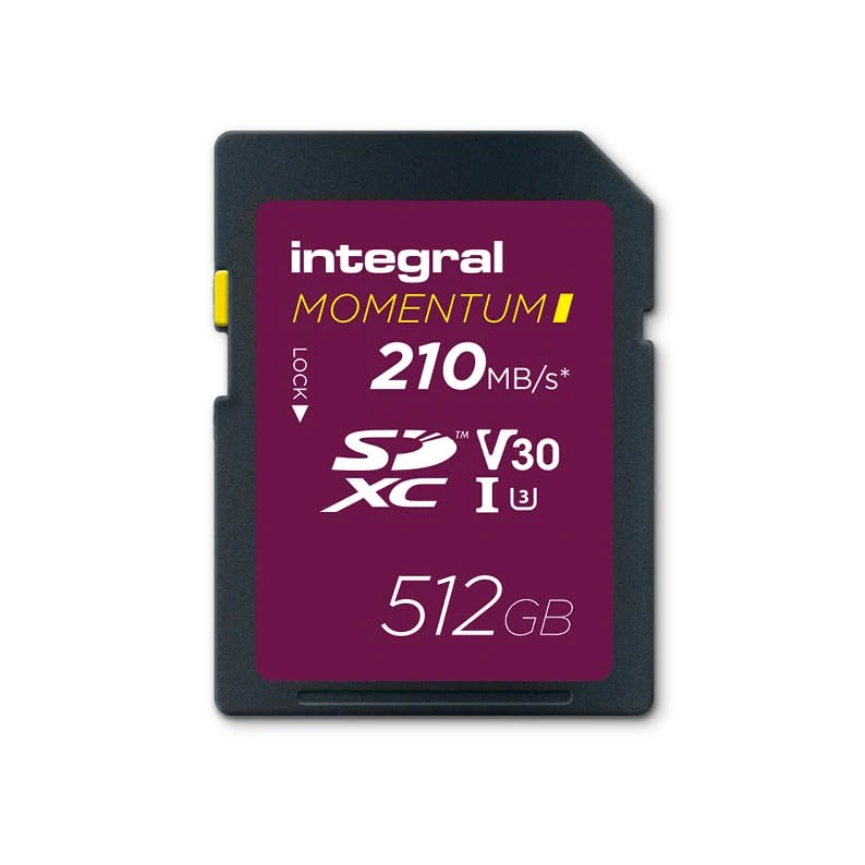 Integral Momentum I 512GB SDXC V30 U3 Card - Up to 210MB/s Read, 180MB/s Write - For DSLR, Mirrorless & Camcorders - 4K UHD Video & Burst Mode Ready - Waterproof, Shockproof, Rugged