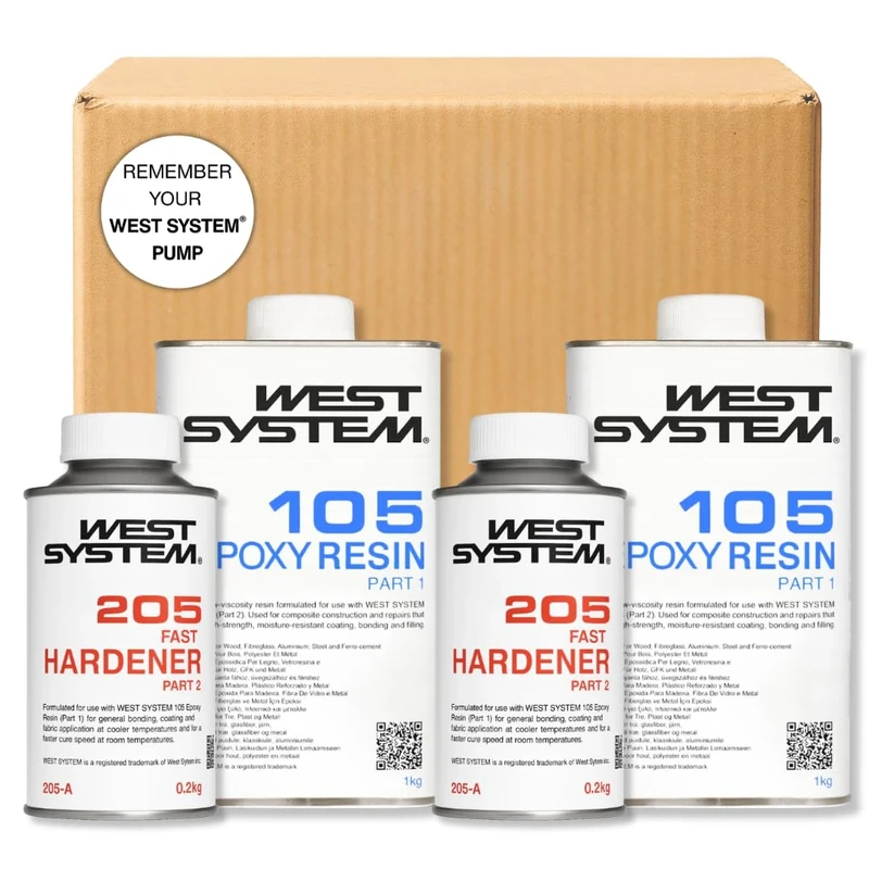 WEST SYSTEM Epoxy Resin & Hardener 105/205 Double A Pack - Marine Grade Epoxy for Wood, Metal & Fibreglass, Suitable for Outdoor Use, Furniture & DIY – Ideal for Polyester Surfaces & Gap Filling
