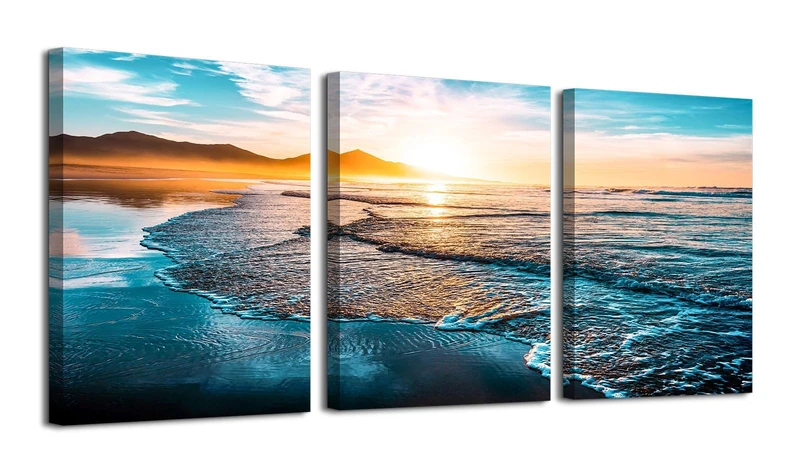 daktenn 3 Piece Beach Wall Art Sunset Pictures Wall Decor Ocean Wall Decor Ocean Beach Sunset Canvas Wall Art Sunset Landscape Painting 18"x24"x3 Panels
