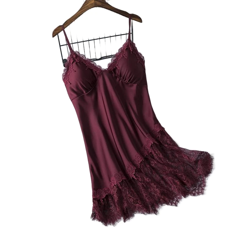 Women'S Nightdresses Women Nightgowns Sleepwear Sexy V-Neck Lace Nightdress Nightwear Satin Nightshirts Summer Sleeveless Spaghetti Strap Silk Pajama