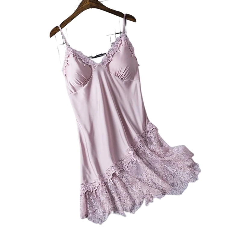 Women'S Nightdresses Women Nightgowns Sleepwear Sexy V-Neck Lace Nightdress Nightwear Satin Nightshirts Summer Sleeveless Spaghetti Strap Silk Pajama