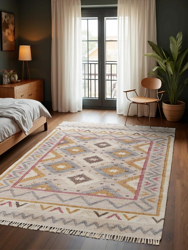 Elle Decoration Afghan Kilim Imani Colourful Traditional Living Room Rug, Handwoven, Jute & Cotton with Fringes for Living Room, Bedroom, Cream Multi-Colour, 80 x 150 cm
