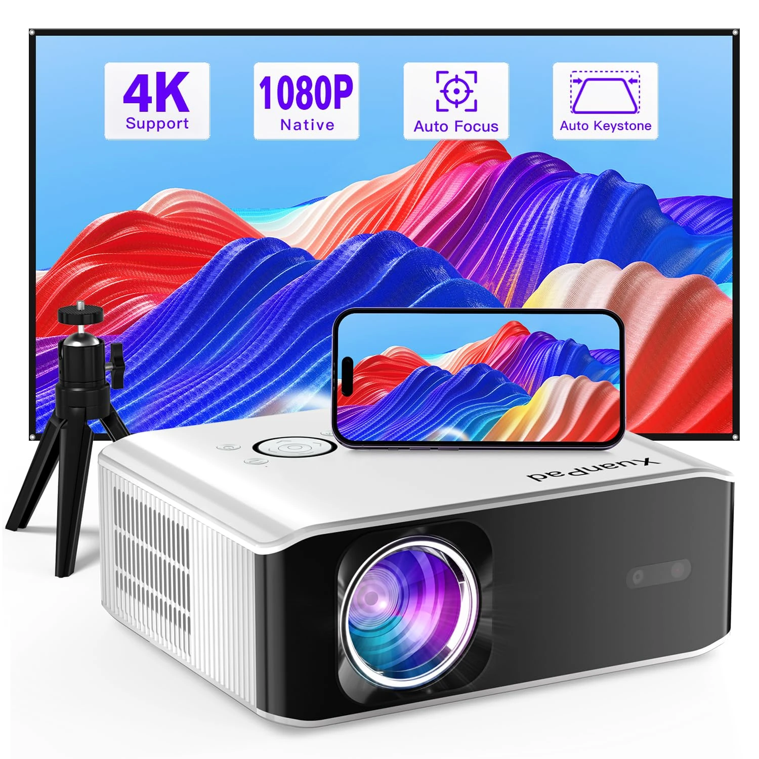 XuanPad Mini Projector, 2025 Upgraded 26000L Portable Video Home Projector, 4K Support, Compatible with TV Stick, HDMI, USB, Laptop, iPhone, Android Smartphone