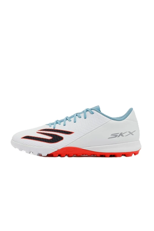 Skechers SKX_2 Academy TF Turf Football Boots for Men-Lightweight, Precise Control Shoe, White Synthetic/Turquoise Synthetic/Pink Tri, 7.5 UK