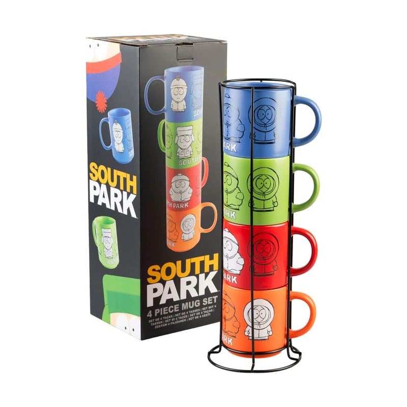 Grupo Erik Mugs Set of 4 - South Park Merchandise | Stacking Mugs with Stand 10.8 oz - 300ml Coffee Cups Espresso | South Park Gifts for Friends