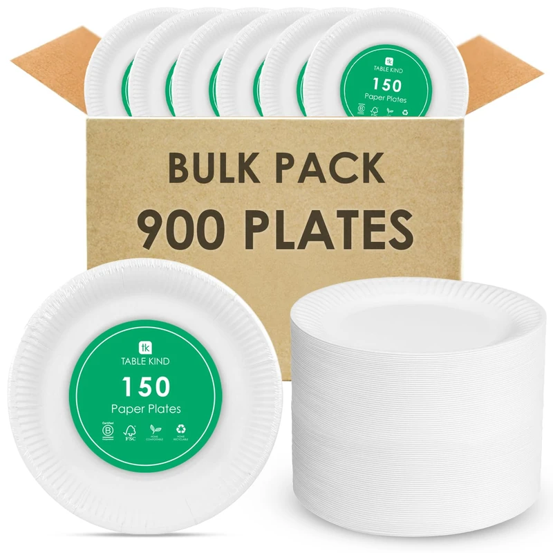 Table Kind 900 x Bulk Pack Eco-Friendly White Paper Plates for Catering & Everyday Use, Wedding, Buffet, Birthday Party Supplies, Recyclable Round Disposable Dishes Home Compostable Made in EU 22CM