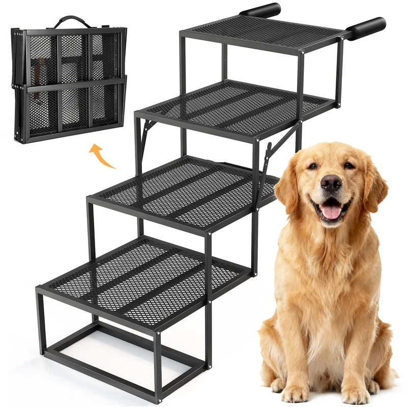 ROTTOGOON Dog Ramp Car Foldable Wide 4 Step Dog Car Stairs Foldable with Non-Slip Perforated Grid Plate Portable Pet Stairs Made of Lightweight Iron for Car SUV and Truck