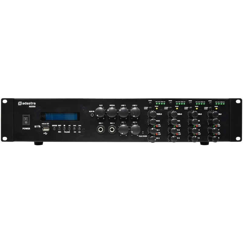 Adastra | A8300 Commercial Mixer-Amplifier | 2U Rack Mount Multiroom Audio System with USB, microSD, Bluetooth, FM Radio, Dual Microphone Inputs, Emergency Mute, Optical Digital Input
