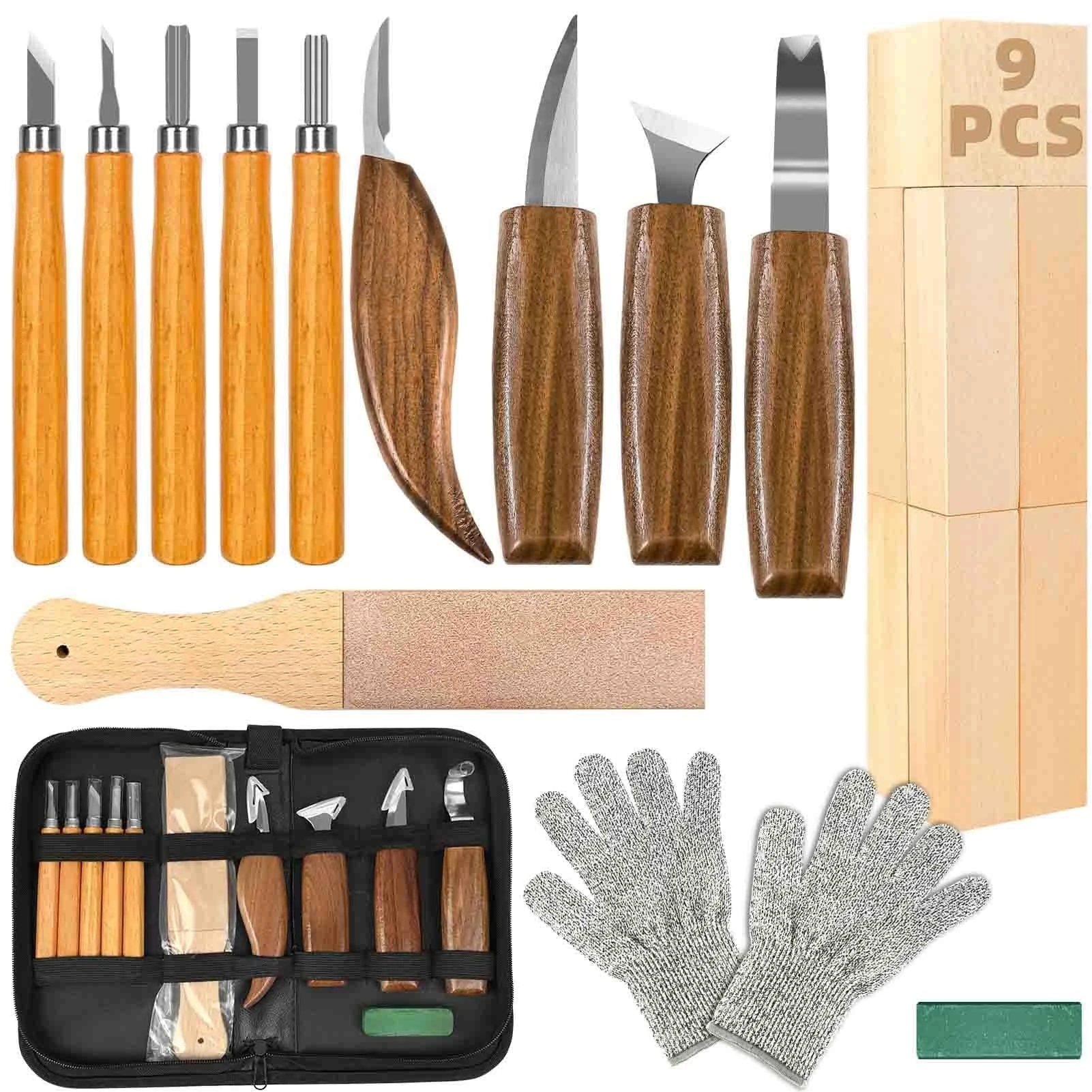 K KERNOWO Woodworking Tools Set 23PCS Wood Whittling Kit for DIY Lovers Beginners, Including Basswood Blocks, PU Storage Bag