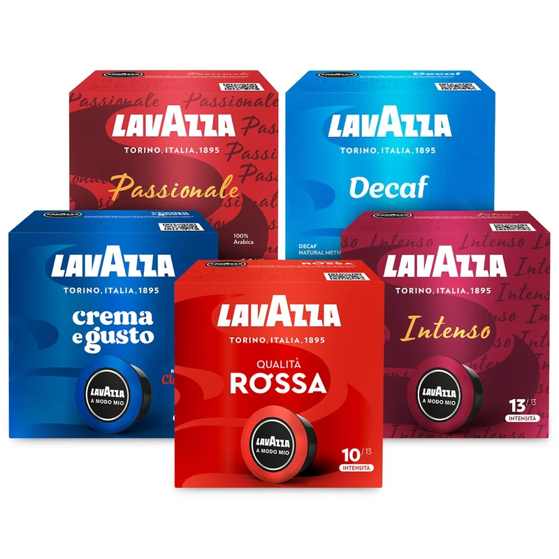 Lavazza A Modo Mio, Variety Pack, 180 Coffee Capsules, Qualità Rossa, Crema e Gusto, Dek Cremoso, Passionale and Intenso, 5 Packs of 36 Capsules