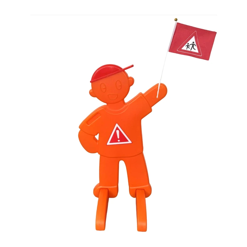 Relaxdays children's warning figure with flag, safety stand, reflective sign, orange, 84x52x46 cm