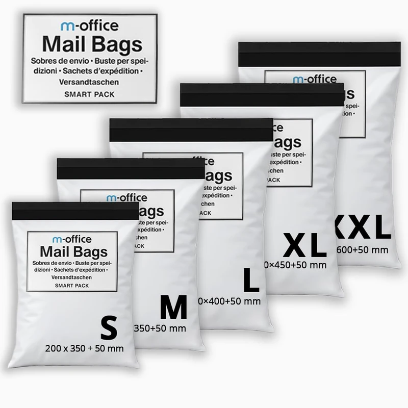 M-Office Self-Adhesive Mailing Bags Pack of 200 Mix 5 Sizes (S to XXL) Mailing Bags Waterproof Self-Adhesive for Clothes, Packages & Online Stores - Recyclable with Secure Closure