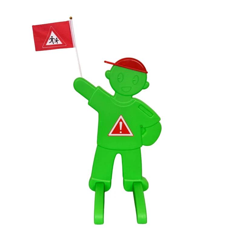 Relaxdays Children's Safety Warning Figure with Flag, Reflective Sign, Green, 84x52x46 cm