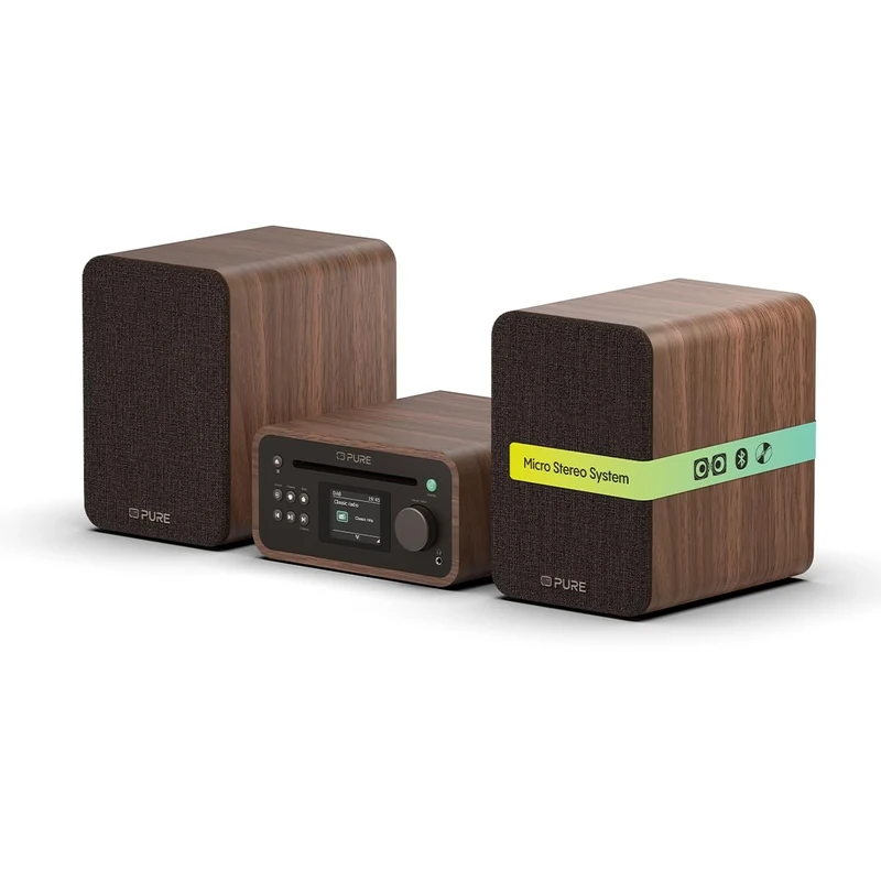 Pure Classic Stereo Mini micro hi fi system mini hifi system with CD player DAB+ & FM radio Bluetooth 5.3 USB AUX headphone jack 40W true stereo 2×20W woofers remote control – Coffee Brown Walnut