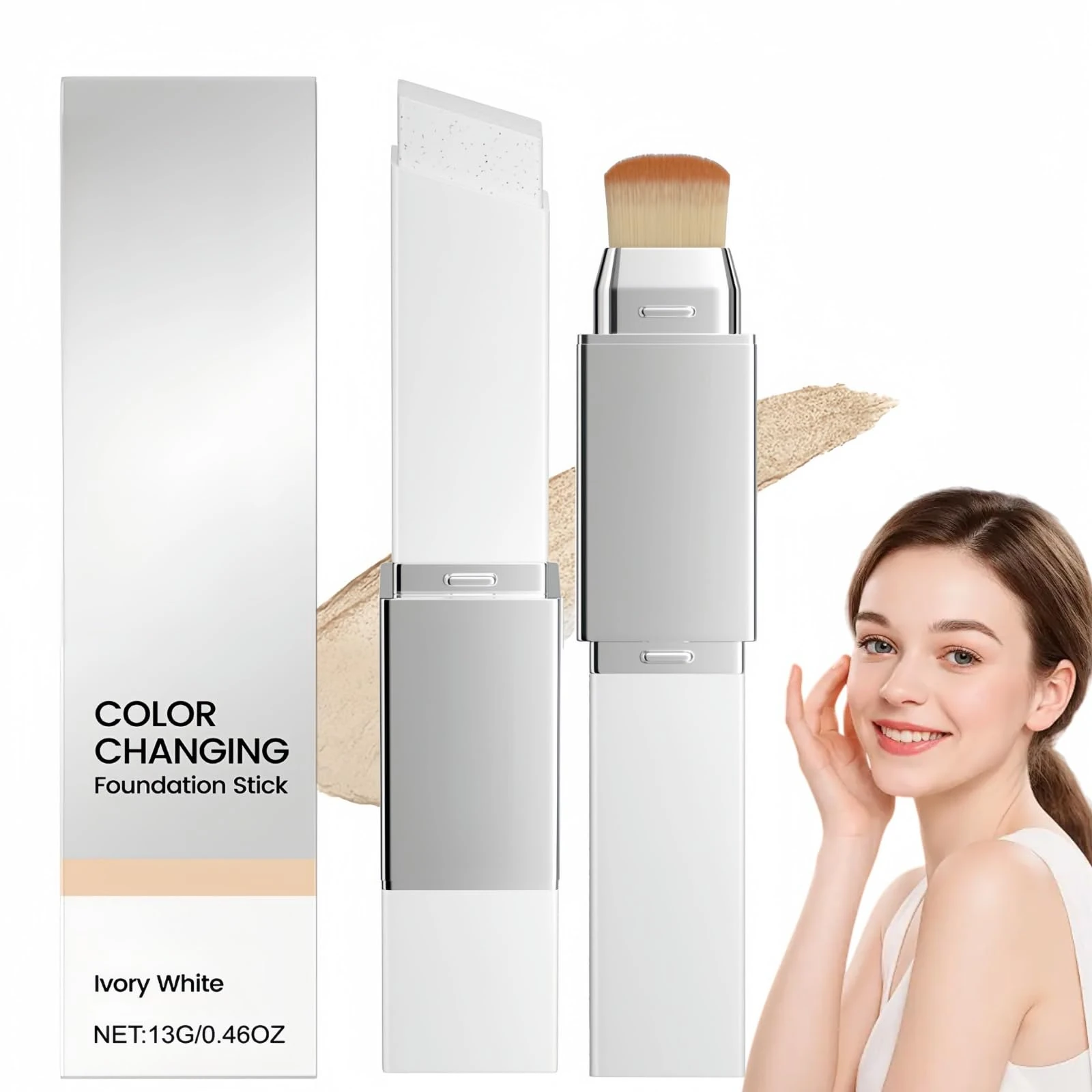 2-in-1 Colour Changing Foundation Stick with Brush,Full Coverage Foundation Stick,Full To Medium Coverage Base Makeup for Women,Waterproof&Long-Lasting Cream Stick for Smooth,Natural Skin Tone(Ivory)