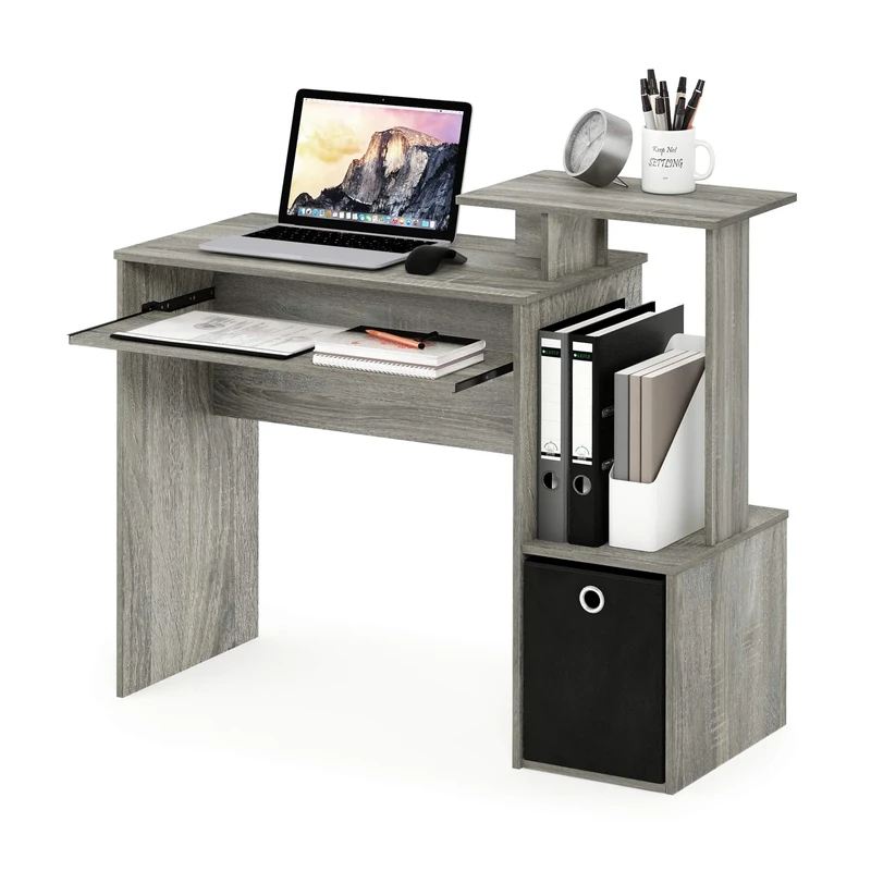 Furinno ECON Desk, Gaming Desk with Keyboard Tray, Computer Desk, Office Desk with Side Shelves and Storage Bin for Home Office, Study Room, Dorm, Grey Oak