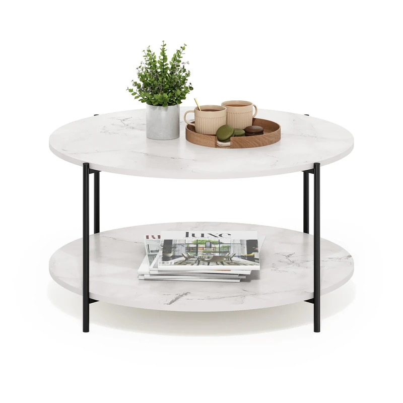 Furinno BESI Coffee Table, 2-Tier Round Coffee Table with Storage, Shelf and Metal Legs, for Living Room, Light Marble - Image 1