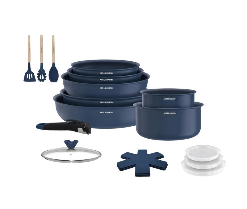 Arthur Martin - 18-Piece Cookware Set, Frying Pans 20-22-26 cm, Saucepans 16-18 cm, Sauté Pan 24 cm, Wok 28 cm, Glass and Airtight Lids, Wooden Utensils, Blue