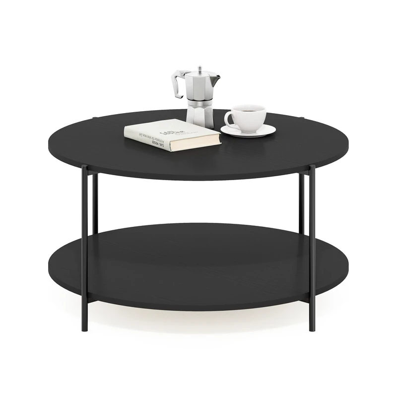 Furinno BESI Coffee Table, 2-Tier Round Coffee Table with Storage, Shelf and Metal Legs, for Living Room, Dark Americano