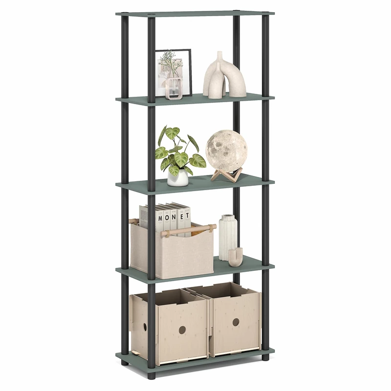 Furinno TURN-N-TUBE Storage Shelves, 5-Tier Book Shelf, Corner Shelf, Toolless Open Shelves, for Organization and Storage, Living Room, Garage, Home Office, Sage Green