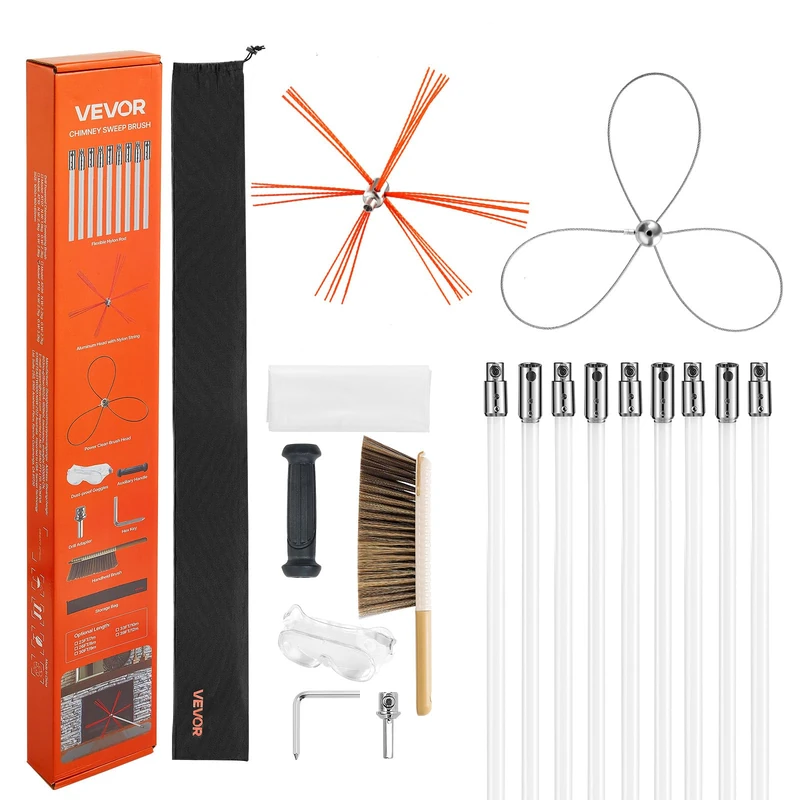 VEVOR Chimney Sweep Kit, 30 ft Maximum Extendable Length Brush, Chimney Cleaner Sweeper with Dual Brush Heads, Goggles, Fireplace Cleaning Tool for Square, Rectangle, Arch Chimneys