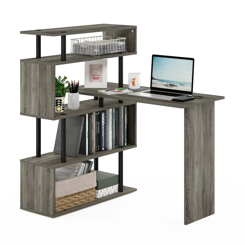 Furinno MOORE L Shape Computer Desk, Gaming Desk with 5-Tier S-Shaped Side Shelves, Office Desk, for Home Office, Study, Gaming, Grey Oak/Black - Image 1